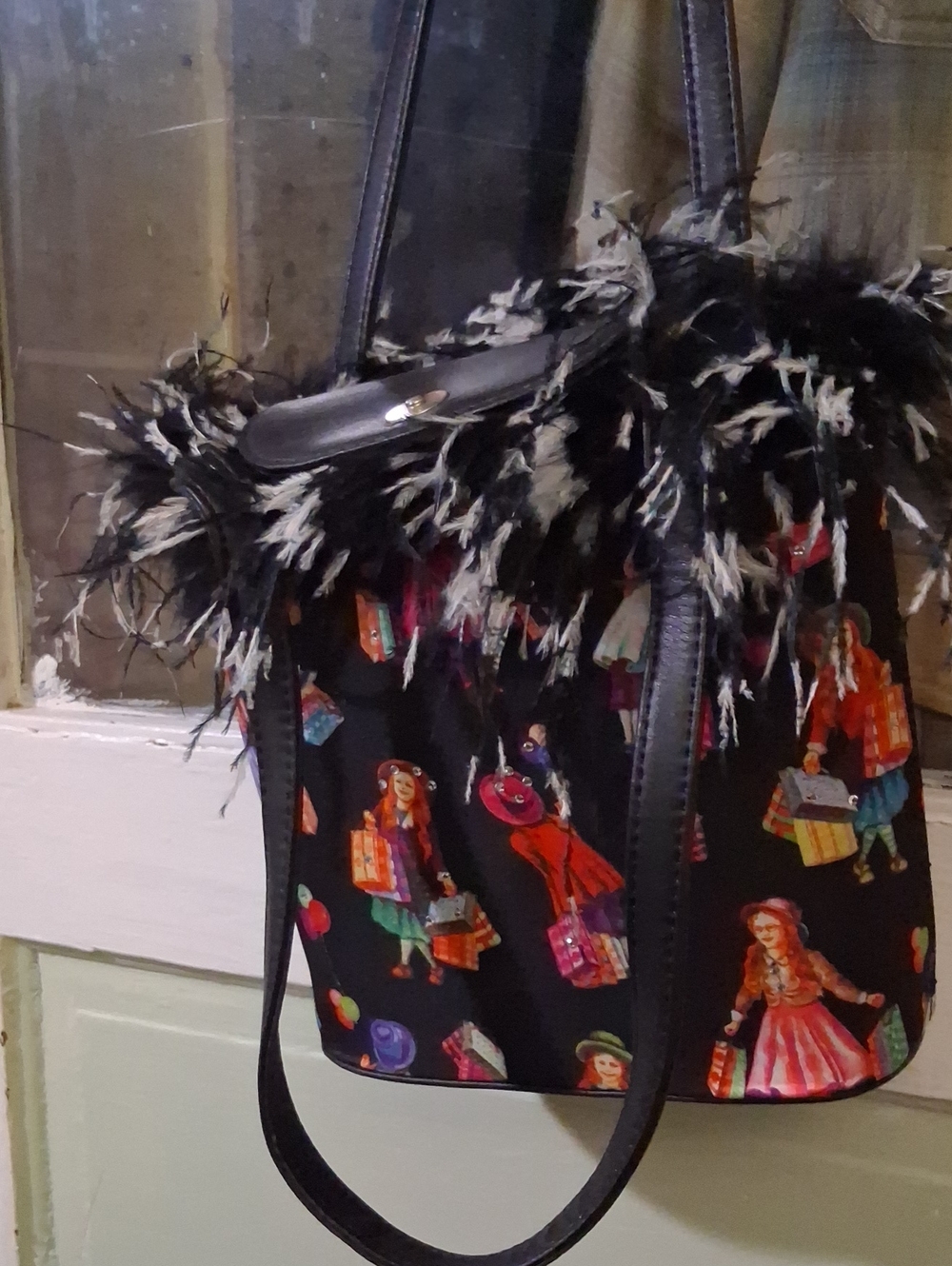 Women's Black Novelty Print Tote with Feather Trim With Matching Wallet
